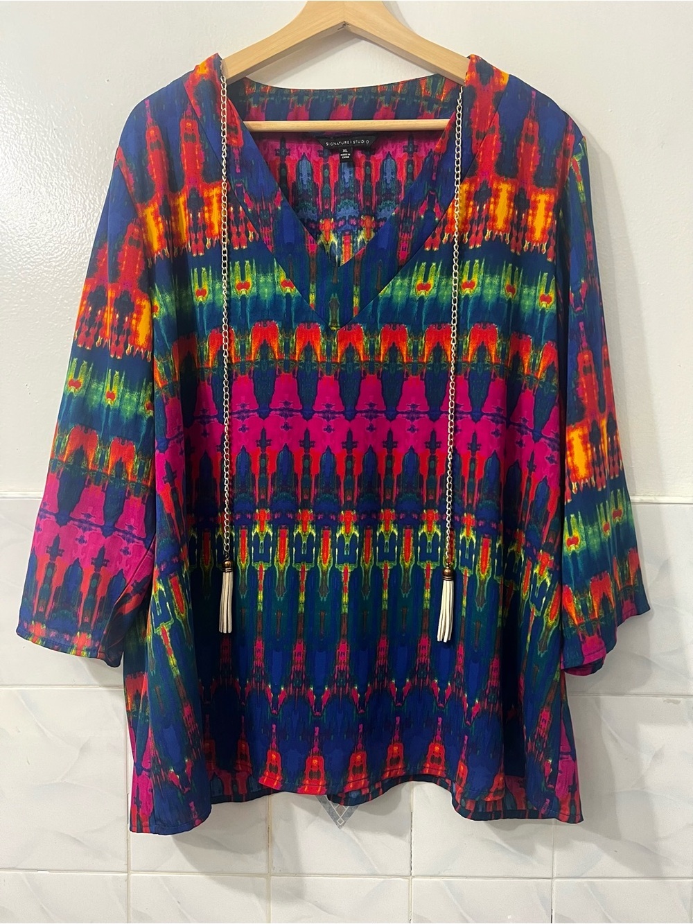 Signature Studio Boho Artsy Tie Dye Festive Colorful 3/4 Sleeve Tunic Top XL